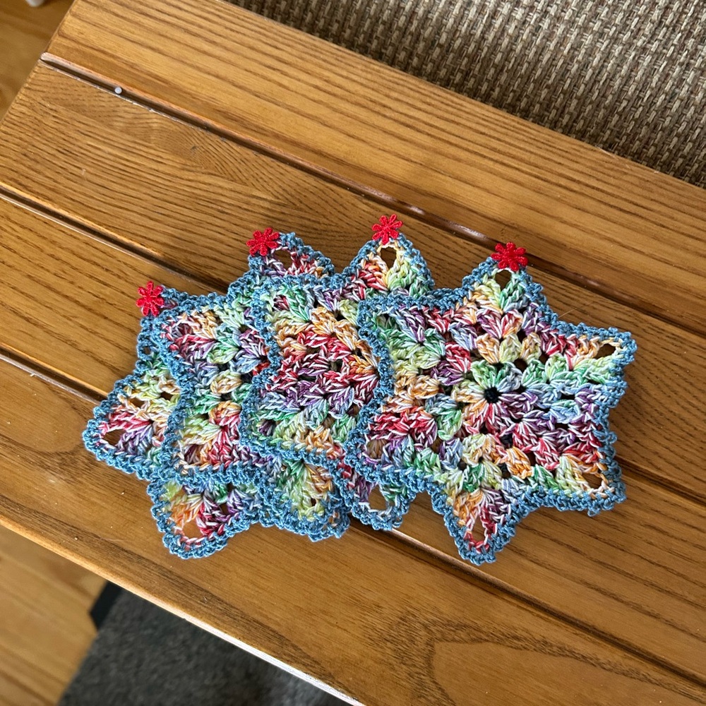 Multicolor Crochet Star Coasters. Set of four. 5”